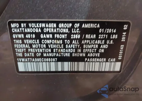 2014 Volkswagen Passat 1.8T S из США, поврежденный, VIN 1VWAT7A39EC065087